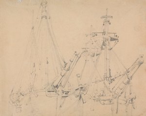 係船中の 2 隻の帆船の研究 作： Samuel Prout