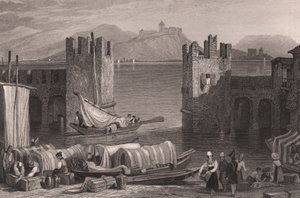 イタリア、ピエモンテ州、マッジョーレ湖のアロナにあるアンジェラ城の眺め、サミュエル・プラウト (1783-1852) による図面からの鋼の彫刻、約 16x11 cm 作： Samuel Prout