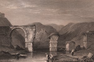 ネラ川、ナルニ、ウンブリア、イタリアに架かるアウグストゥス橋 (ポンテ ディ アウグスト) のローマ時代の遺跡の眺め、サミュエル プラウト (1783-1852) による描画後の鋼の彫刻、15x11.5 cm 年頃