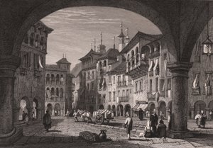 イタリア、ピエモンテ州ドモドッソラの市場広場の眺め、サミュエル・プラウト (1783-1852) によるデッサンからの鋼の彫刻、約 16x11 cm 作： Samuel Prout
