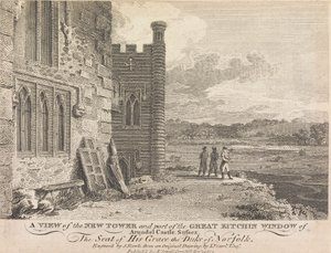 A View of the New Tower e parte da Great Kitchin Window of Arundel Castle, Sussex (publicado por J. Sewell); página 13 (Volume Um) 作： Samuel Rawle