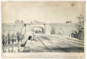ブル・ブリッジのクロムフォード運河下のノース・ミッドランド鉄道橋、1840年頃（彩色石版・紙） 作： Samuel Russell
