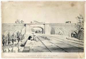 ブル・ブリッジのクロムフォード運河下のノース・ミッドランド鉄道橋（1840年頃、紙に彩色リトグラフ） 作： Samuel Russell
