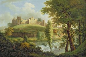 南西部のディナム堰のあるラドロー城、1765-69年頃（キャンバスに油彩） 作： Samuel Scott