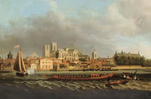 フォアグラウンドで王室のはしけでランベスからウェストミンスターのビュー 作： Samuel Scott