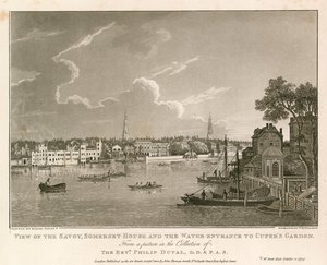 サボイ、サマセットハウス、クーパーズガーデンへの水の入り口の景色。 作： Samuel Scott