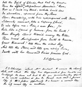 コールリッジの最後の行は、詩人自身の手書き文字で書かれ、1815年にデビズのブラバント夫人に手紙で送られ、シャムニーのヴェイルで日の出の前に賛美歌を歌っていました。