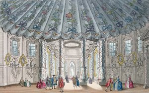 H.ロバーツが彫刻したヴォクソール庭園のエレガントな音楽室の内部ビュー、1752年（手塗りの彫刻） 作： Samuel Wale