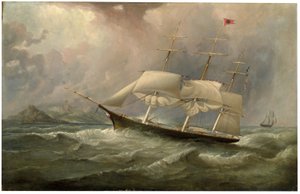 ブラックボールラインクリッパー船オーシャンチーフはオーストラリアの航行で帆を減らしました（1853年頃）。 作： Samuel Walters