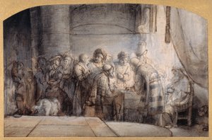 銀貨30枚を受け取るユダ、1640年頃（紙に赤チョーク、ウォッシュの上にペンとインク