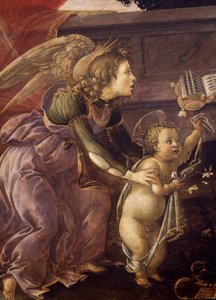聖母子と 3 人の天使 (マドンナ デル パディリオーネ)、天使とキリストの詳細 作： Sandro Botticelli