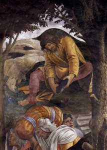 モーセの生涯の物語。 モーゼが足に靴を履いている様子。 Sandro Botticelli (1445-1510) として知られる Alessandro di Mariano dei Filipepi の絵画。 フレスコ