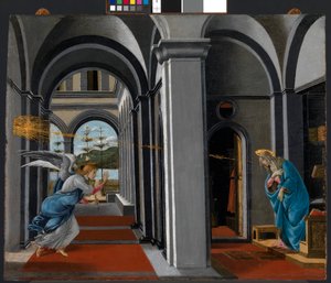 受胎告知 1490年頃 テンペラ、パネル 作： Sandro (1444/5 1510) Botticelli