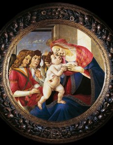 聖母子と二人の天使（木にテンペラ、1490年頃 作： Sandro Botticelli