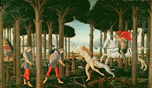 ナスタージョの森での幽霊のような追求のビジョン：ナスタージョ・デリ・オネスティの物語のシーンI、1483年頃（パネルのテンペラ）