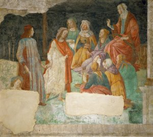 若い男（ロレンツォトルナブオーニ？）はミネルヴァ出身です。 作： Sandro Botticelli