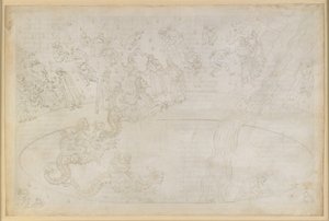 『神曲』、地獄篇第17歌。ヴェルギリウスとダンテが地獄の第7圏を訪れる。第3の帯：炎の砂漠で神の秩序に背いた暴行者たち、高利貸しへの罰；ゲリオンの背に乗って深淵へと降りていく 作： Sandro Botticelli