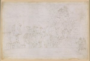 『神曲』、地獄篇第20歌。ヴェルギリウスとダンテ、地獄の第8圏（マレボルゲ）にて、第4ボルジア：魔術師と占い師への罰；マントとの出会い 作： Sandro Botticelli
