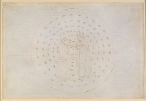 『神曲』、パラディソ第7歌。第二の天界（水星の天）：ベアトリーチェはダンテに、神の正義、人間の原罪、そしてキリストの死による贖いといった難解な問題について解説する 作： Sandro Botticelli