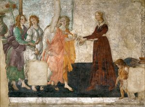 金星と三美神の供物は少女、1484-1486へのプレゼント 作： Sandro Botticelli
