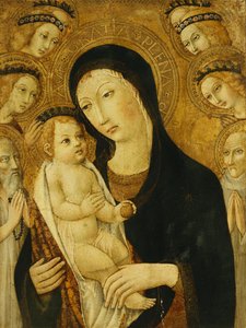 マドンナと子供、天使に囲まれたシエナの聖人アンソニーアボットとベルナディーノ、 作： Sano di Pietro