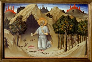 聖人ジェロームの生涯の場面：「聖人ジェロームの懺悔」 サノ・ディ・ピエトロ（1406-1481）の絵画 15世紀。日 0,23x0,36 m 作： Sano di also Ansano di Pietro di Mencio Pietro