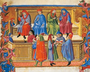 商人たちの法令」より貿易裁判のミニチュア（サノ・ディ・ピエトロ作、1472年） イタリア 15世紀