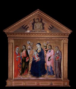 聖母子と聖ヤコブ、聖フィリッポ、聖アンナ、聖マグダラのマリア - 木に油彩 作： Sano di also Ansano di Pietro di Mencio Pietro