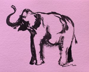 ピンクの象のインク画 作： 