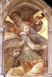 だまし絵の回廊の中の音楽の天使、ポルタティブ・オルガンを持つ天使の詳細、内部の西側ファサードから（フレスコ画）（100333の詳細）