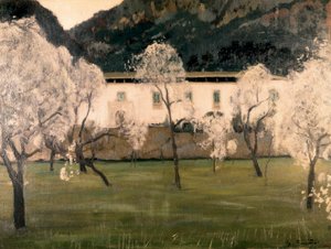 木々に花が咲く風景。サンティアゴ・ルシノール・イ・（イ）・プラッツ（1861-1931）の絵画。キャンバスに油彩
バルセロナカタルーニャ国立美術館 作： Santiago Rusinol i Prats