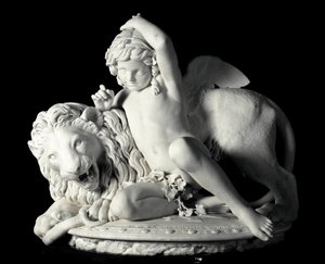 力を支配する愛 サント・ヴァルニ（1807-1885）の大理石彫刻 1865年薄暗い。85x90x62 cm オドン・ディ・サヴォイア公爵のコレクションより。ゲネス近代美術館（Galleria d