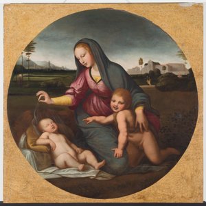 若い聖ヨハネとマドンナと子供、1500年頃（木に油彩） 作： Sanzio of Urbino (follower of) Raphael