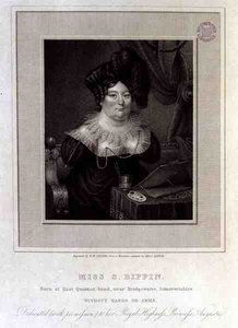 Miss S. Biffin, Born at East Quantox-head, near Bridgewater, Somersetshire, Without Hands or Arms, R.W. Sievierの刻印入り。 作： Sarah (after) Biffin
