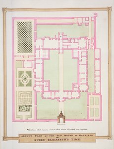 1825年に出版された「エリザベス女王の裁判所の回想録」からのエリザベス女王の時代のハットフィールドの古い家の平面図（紙とトイレとガッシュ） 作： Sarah Countess of Essex