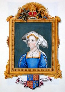 1825年に出版された「Memoirs of the Court of Queen Elizabeth（エリザベス女王の宮廷の回想録）」から、メアリー女王と呼ばれていたアン・ブーリンの肖像（水彩・ガッシュ・紙 作： Sarah Countess of Essex
