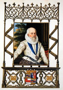 エドワード・サマセット（1553-1628）第4代ウスター伯爵の肖像（1825年に出版された「エリザベス女王宮廷の回顧録」より）（紙に水彩・ガッシュ 作： Sarah Countess of Essex