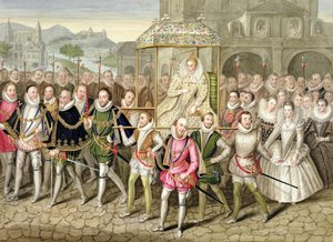 18日に公開されたシャーボーン城でのロバートピーク（c.1592-1667）に起因する油の後で、「エリザベス女王の裁判所の回想録」から彼女の廷臣（c.160003）と一緒に行列にあるエリザベス女王1世 作： Sarah Countess of Essex