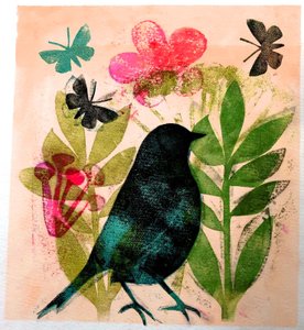 鳥と蝶,2019（インクモノプリント 作： Sarah Thompson Engels