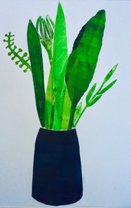 葉の花瓶（紙にモノプリント）2020年 作： Sarah Thompson Engels
