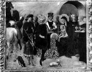 マギの崇拝」（パネルにテンペラ）（モノクロ写真 作： Sassetta (c.1392 1450)