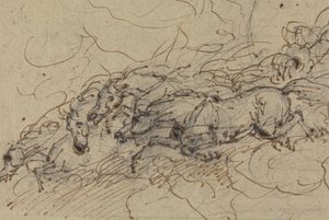 疾走する4頭の馬: (?) 神話の研究、おそらくフェートンの戦車のため 作： Sawrey Gilpin