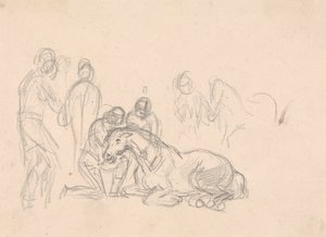 Two figures kneeling beside a horse...   1445621   ja       japanese Successfully Translated  Original: Representation of the good position of two fetuses during a gemellar pregnancy Engraving from “” La nature et lhomme” by Rengade 1881 Private collection 作： Sawrey Gilpin