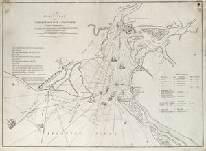 1776年6月28日、ピーター・パーカー卿の指揮する陛下の艦隊によるサリヴァン砦の攻撃と、実際の測量によるチャールズ・タウンの砂州と港の正確な平面図。 作： Sayer & Bennett