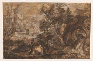 アンティークの石棺の近くの羊飼いのいる風景 作： Sébastien Bourdon (attributed to)
