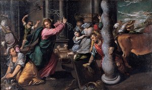 テンプルから貸金業者を運転したキリスト、1580-1585 作： Sigismondo Scarsellino
