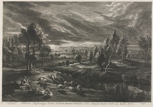 笛を吹く羊飼いのいる風景 作： Schelte Adams Bolswert