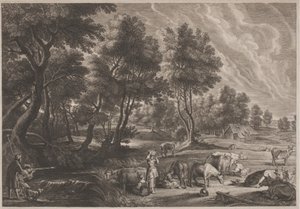 ハンターと乳搾りのいる農場の風景 作： Schelte Adams Bolswert, after Sir Peter Paul Rubens