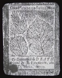 1759年にベンジャミン・フランクリンがデザインして印刷した100シリング紙幣（リトグラフ）。 作： School American