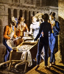 フィラデルフィアのチェスナット・ストリート・シアターの外で商品を売る牡蠣職人、1796年頃（紙に水彩画） 作： School American